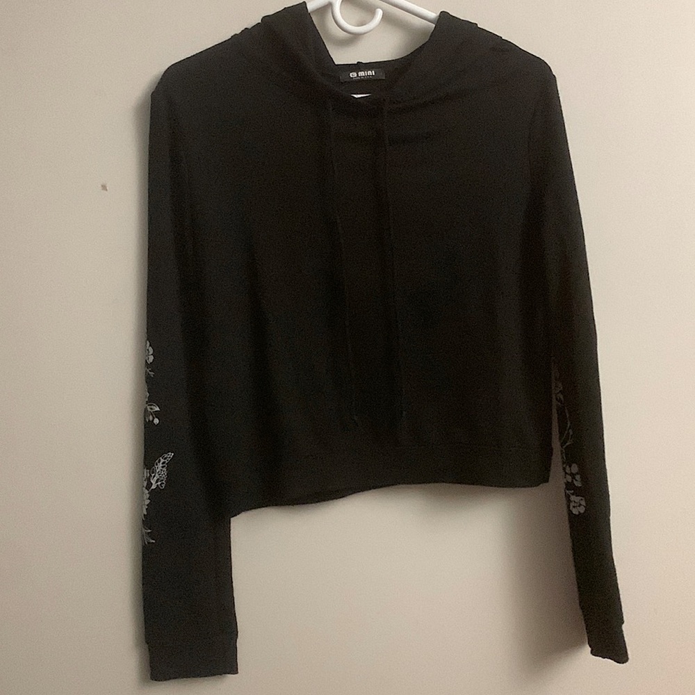 Black Crop Top Hoodie with Floral Sleeves